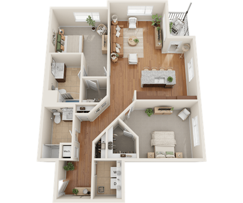 Floor plan for 2 beds, 2 baths, 1317 sqft